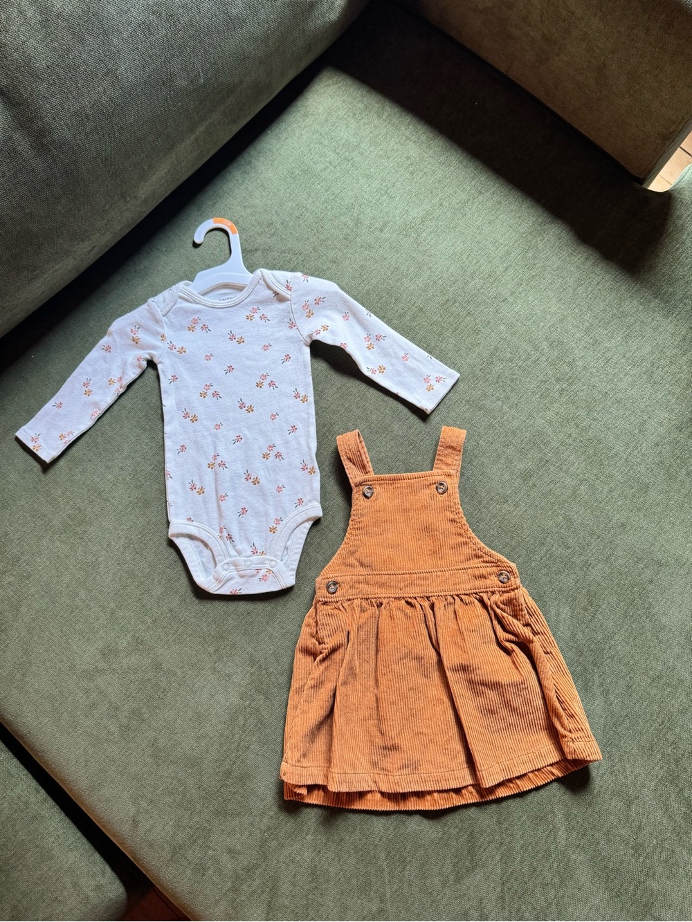 Rust Corduroy Jumper Dress with Floral Long-Sleeve Bodysuit